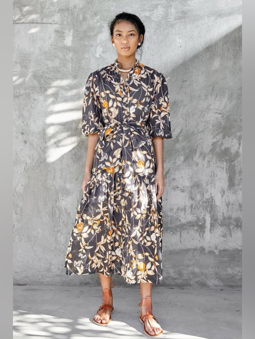 Christy Lynn Lana Dress Black Desert Rose Floral Linen Midi Size M